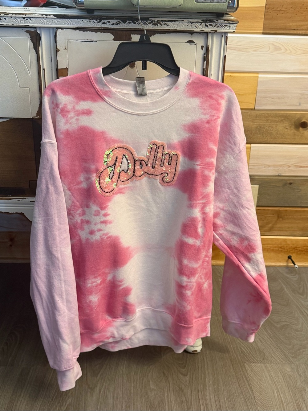 Gildan Pink & White Tie-Dye Crewneck Sweater with Sequin 'Dolly' Patch